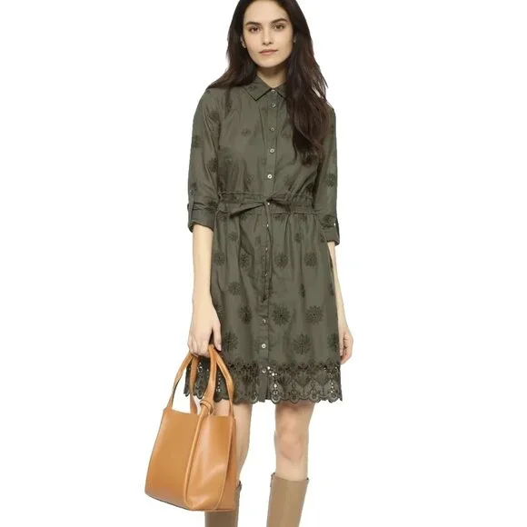 Diane Von Furstenberg Olive Green Floral Embroidered Long Sleeve Shirt Dress